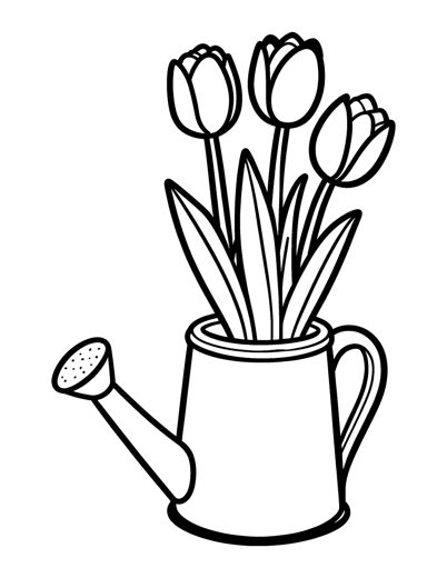 A watering can standing beside three tall tulips