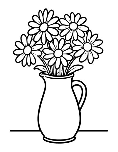 A tall plain jug holding five big daisies with large smooth petals