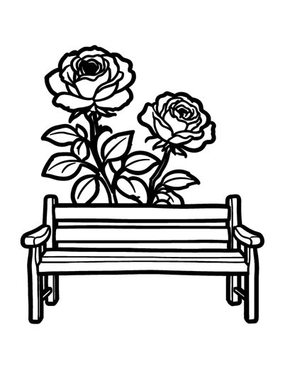 A plain wooden garden bench with three big roses growing beside it