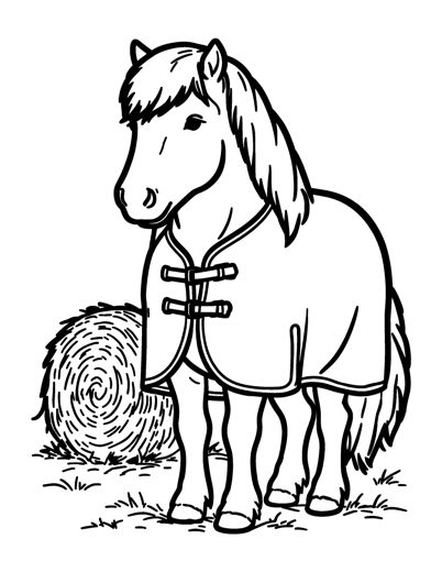 A Shetland pony in a plain winter blanket with a strap across its chest