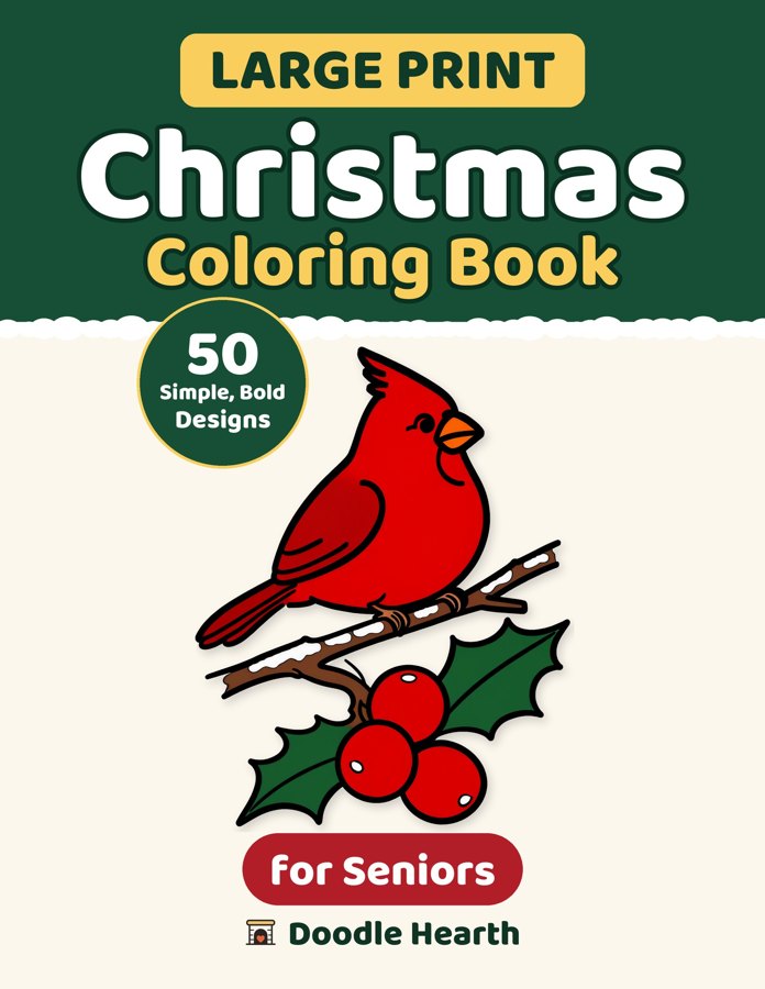 Large Print Christmas Coloring Book cover: a red cardinal on a holly branch