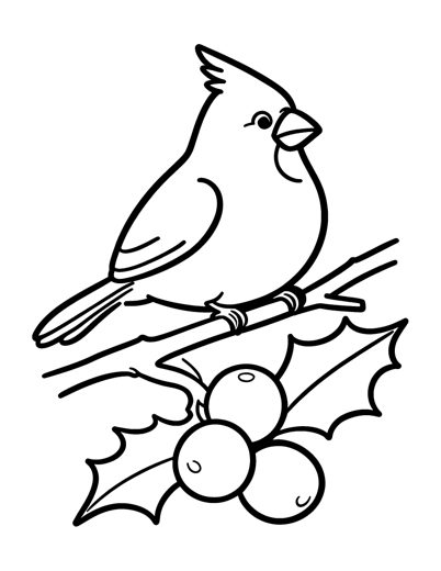 A cardinal on a holly branch, a large print coloring page