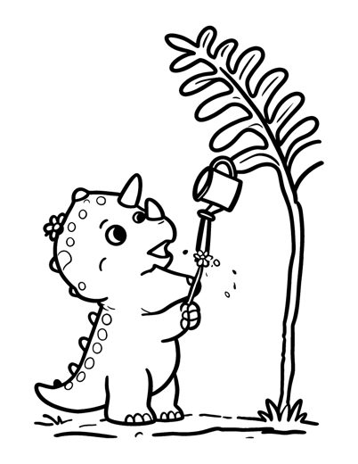 a baby triceratops dinosaur with three small round horns and a daisy tucked behind one horn watering a giant f
