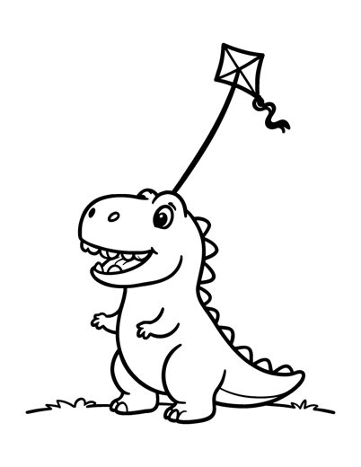 a small round baby T. rex dinosaur with tiny arms and a big grin flying a kite high above its head