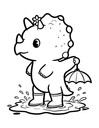 a baby triceratops dinosaur with three small round horns and a daisy tucked behind one horn wearing rain boots