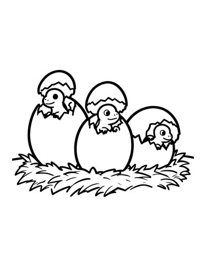 Three big dinosaur eggs cracking open in a nest