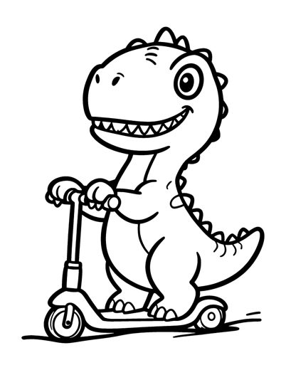 a small round baby T. rex dinosaur with tiny arms and a big grin riding a scooter
