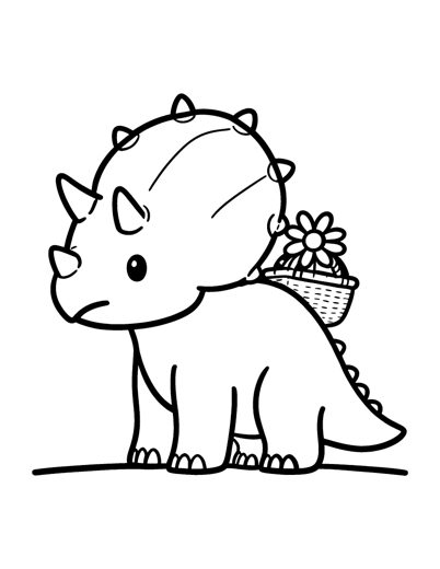 a baby triceratops dinosaur with three small round horns and a daisy tucked behind one horn carrying a picnic 