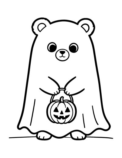 A round little bear cub dressed as a friendly ghost in a white sheet with two round eye holes