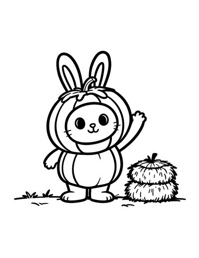 A cute bunny in a round pumpkin costume with a green leafy stem hat