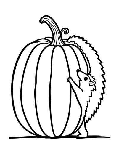 A little hedgehog standing upright and hugging one huge round pumpkin with deep curved ribs and a thick curly 