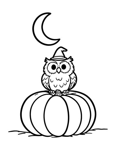 A round fluffy owl wearing a tiny witch hat sitting on top of a big pumpkin under a large crescent moon