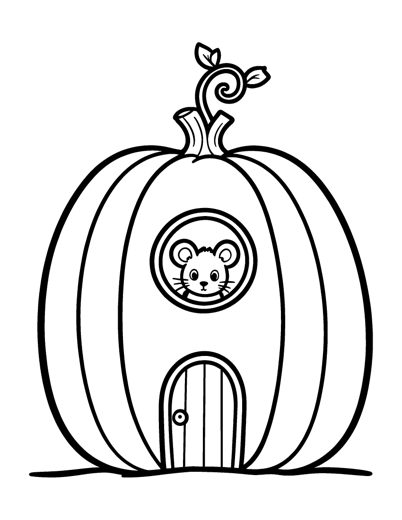 A small mouse peeking out of the round window of a pumpkin house that has a little arched door and a curly vin