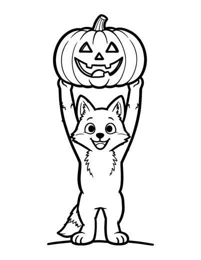 A fox cub standing and holding a big carved jack-o'-lantern with a happy face up high in both paws above its h