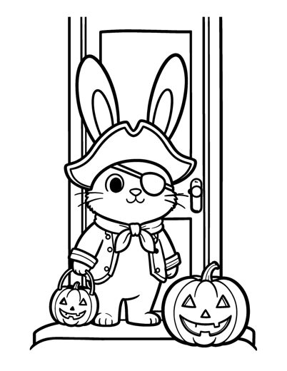 A cute bunny dressed as a pirate with a big pirate hat and an eye patch