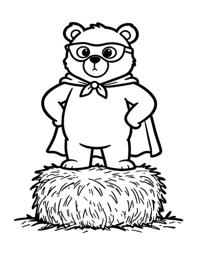 A chubby bear cub dressed as a superhero with a short cape and an eye mask