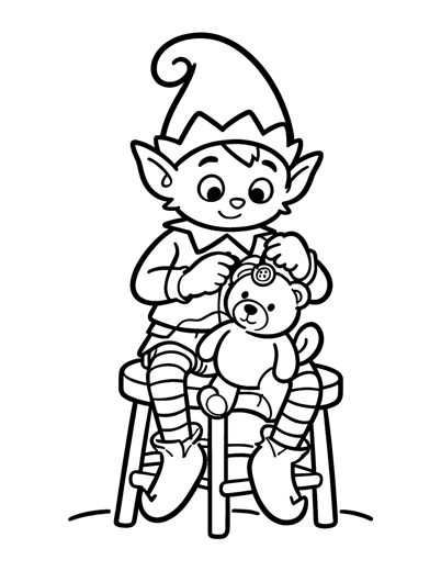 A cheerful elf sitting on a stool and sewing a big button eye onto a teddy bear on its lap