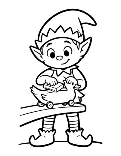 A cheerful elf smoothing a wooden toy duck on wheels with a sanding block at a workbench