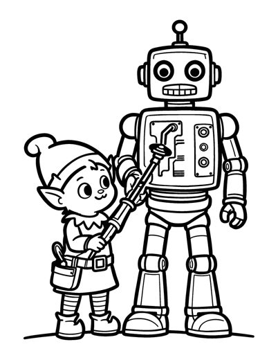 A cheerful elf in a tool belt turning a big screwdriver in the back of a tall toy robot