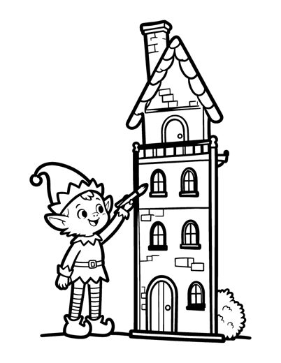A cheerful elf standing tall beside a big doll's house as tall as the elf
