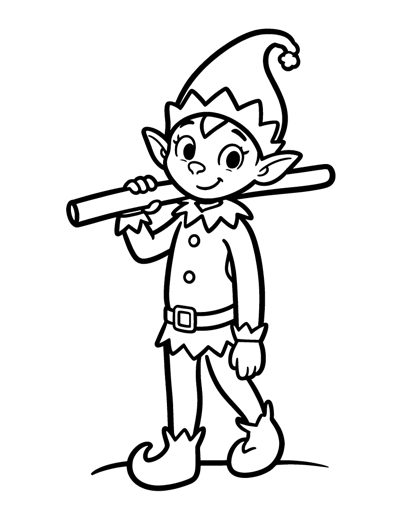 A cheerful elf carrying a long smooth wooden plank on its shoulder across the workshop