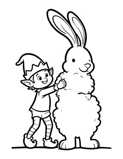 A cheerful elf pushing one big puff of soft filling into a plush toy bunny that is as tall as the elf