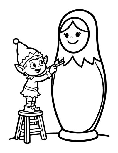 A cheerful elf on a step stool painting a big smiling face on a tall wooden nesting doll