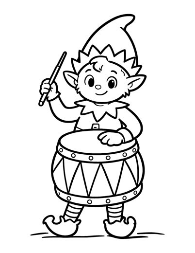 A cheerful elf painting wide stripes around a big toy drum that stands as tall as its waist