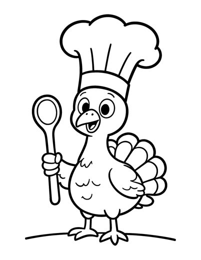A smiling turkey wearing a tall chef hat and holding a big wooden spoon