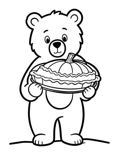 A bear cub carefully carrying a big pumpkin pie on a plate with both paws