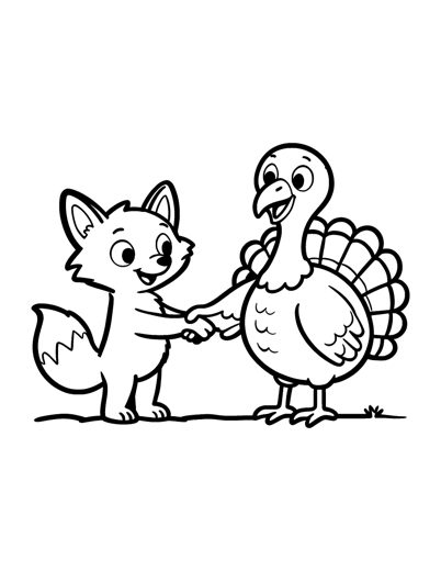 A fox cub and a smiling turkey shaking hands like friends