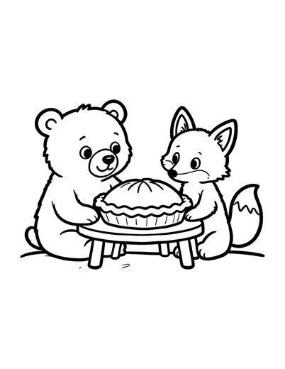 A bear cub and a fox cub sitting at a small table with a big pie between them