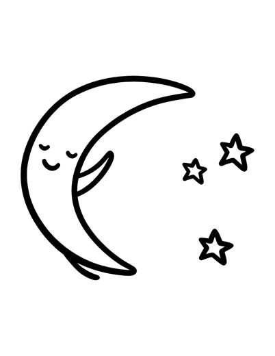 A crescent moon with a sleepy smiling face and two big stars