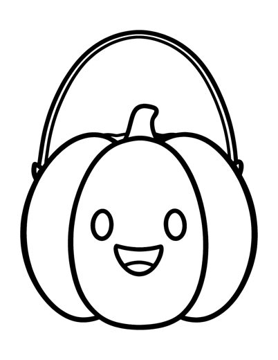 A pumpkin-shaped candy bucket with a handle and a happy face