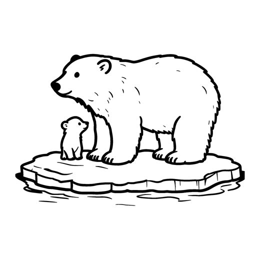 Close-up of a polar bear mother and her cub standing side by side on a wide ice floe