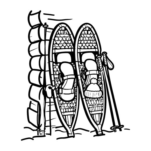 A pair of wooden snowshoes with a few wide crossing straps leaning against a log cabin wall next to two ski po