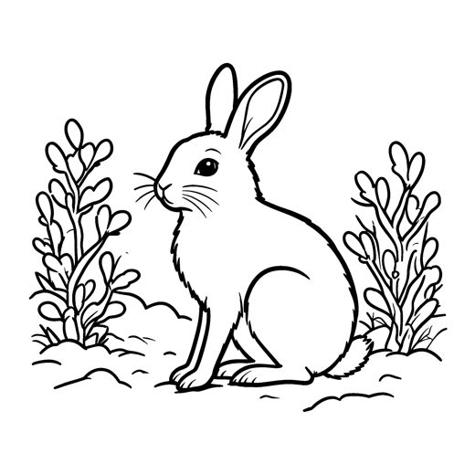 A snowshoe hare in white winter fur sitting among snowy bushes