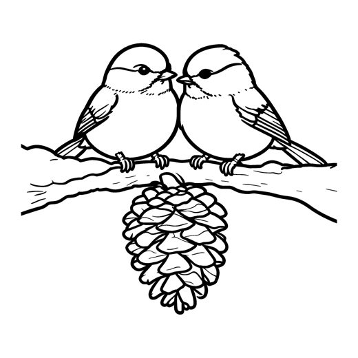 Two round chickadees sitting close together on a thick snowy branch with one big smooth pine cone hanging belo